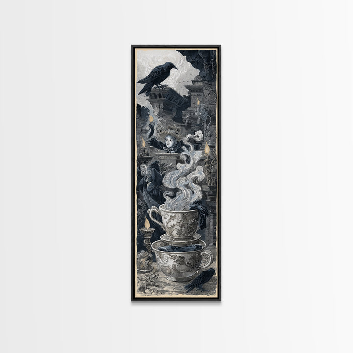 Tiny Ghosts In Teacups, Architectural Etching Art, Tall Narrow Wall Art, Dark Fantasy Wall Art, Framed Canvas Print