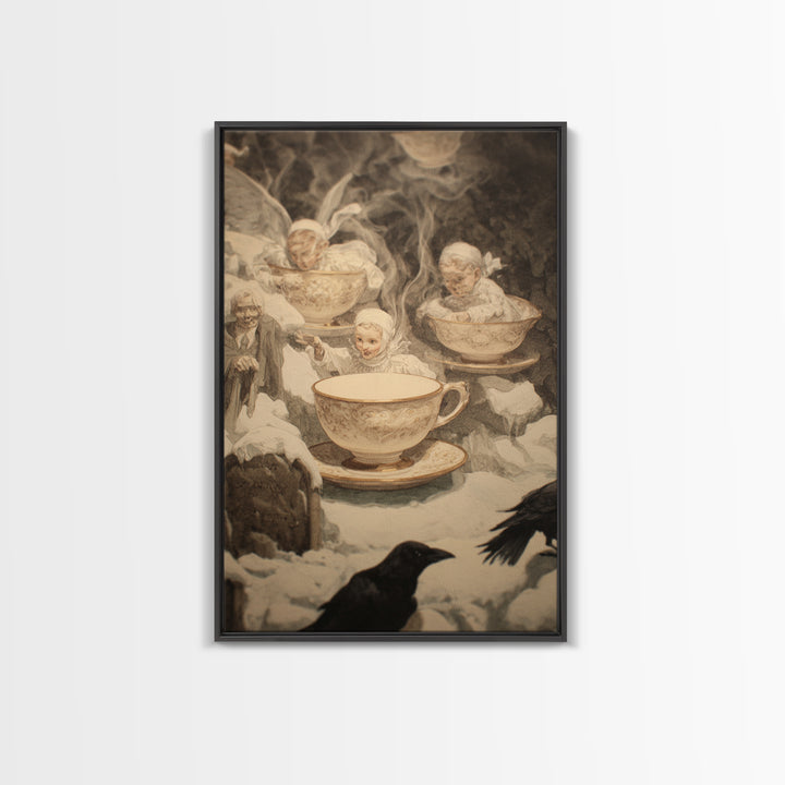 Tiny Ghosts In Teacups, Symbolist Death Art, Vertical Wall Art, Dark Fantasy Wall Art, Canvas Print, Halloween Wall Art