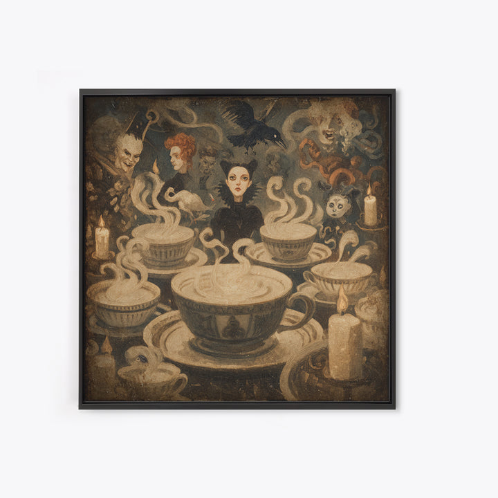 Tiny Ghosts In Teacups, Dark Symbolist Art, Square Wall Art, Gothic Horror Wall Art, Framed Canvas Print, Halloween Wall Art