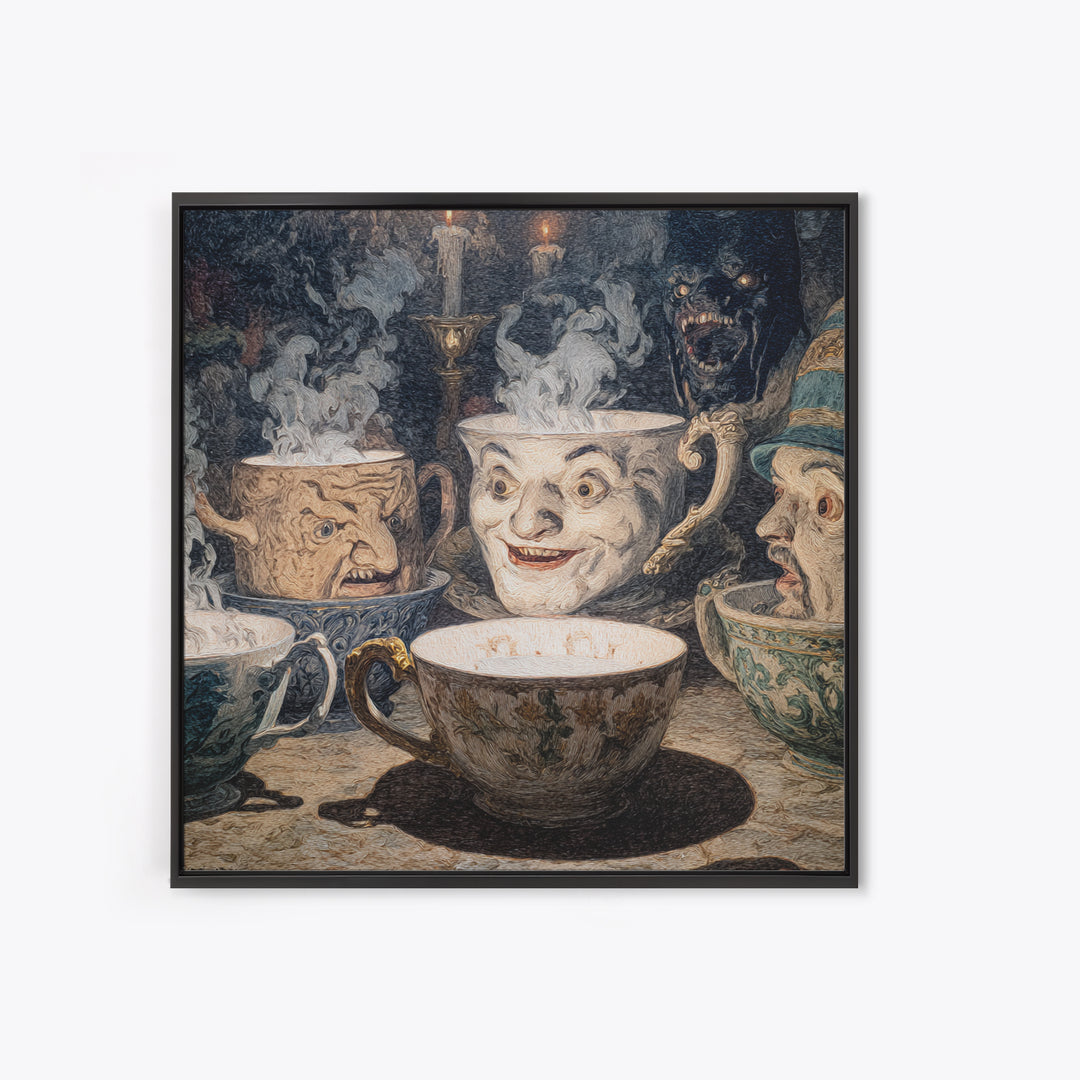 Tiny Ghosts In Teacups, Symbolist Etching Art, Square Wall Art, Dark Fantasy Wall Art, Framed Canvas Print, Halloween Wall Art