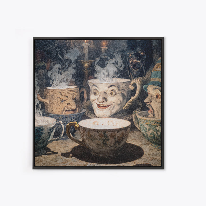Tiny Ghosts In Teacups, Symbolist Etching Art, Square Wall Art, Dark Fantasy Wall Art, Framed Canvas Print, Halloween Wall Art