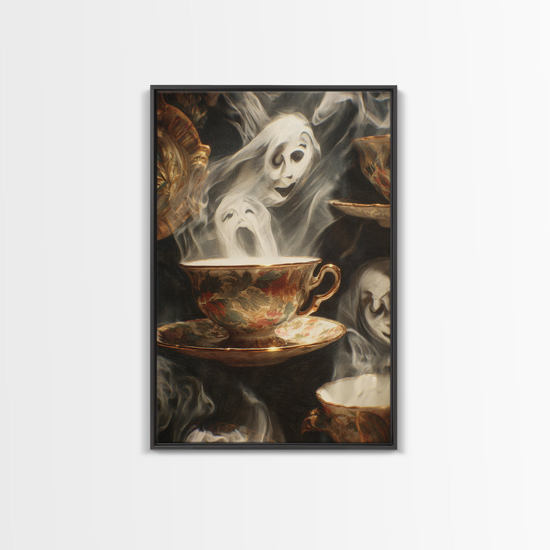 Tiny Ghosts In Teacups, Expressionist Gothic Art, Vertical Wall Art, Dark Fantasy Wall Art, Framed Canvas Print, Halloween Wall Art