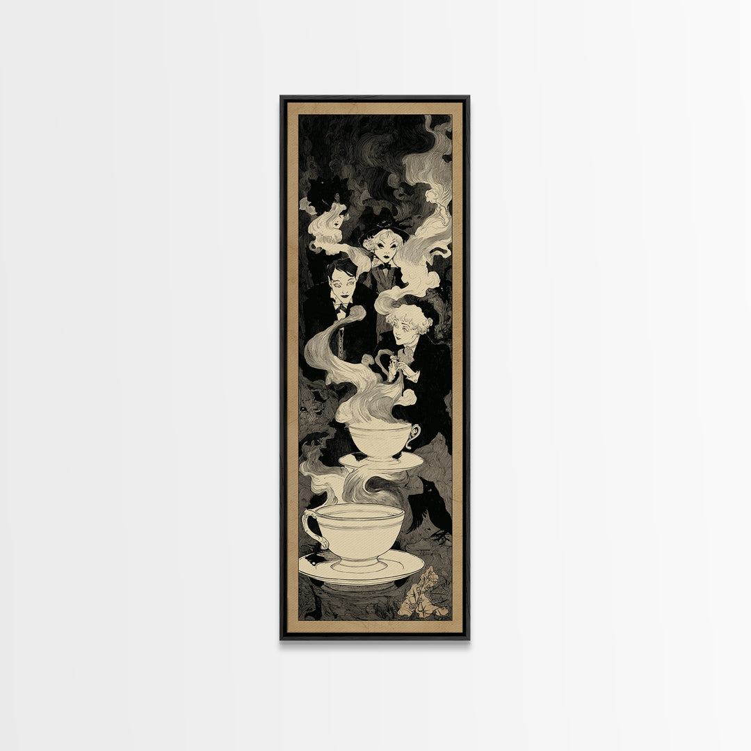 Tiny Ghosts In Teacups, Decadent Line Art, Tall Narrow Wall Art, Macabre Wall Art, Framed Canvas Print, Halloween Wall Art