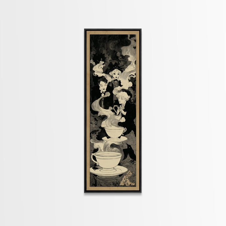 Tiny Ghosts In Teacups, Decadent Line Art, Tall Narrow Wall Art, Macabre Wall Art, Framed Canvas Print, Halloween Wall Art