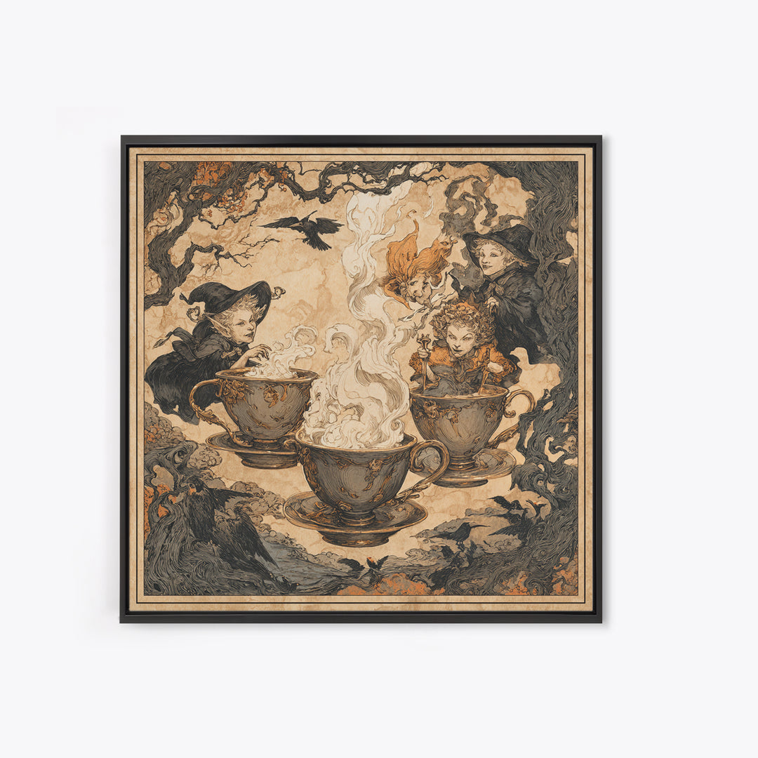 Tiny Ghosts In Teacups, Gothic Storybook Art, Square Wall Art, Macabre Wall Art, Framed Canvas Print, Halloween Wall Art