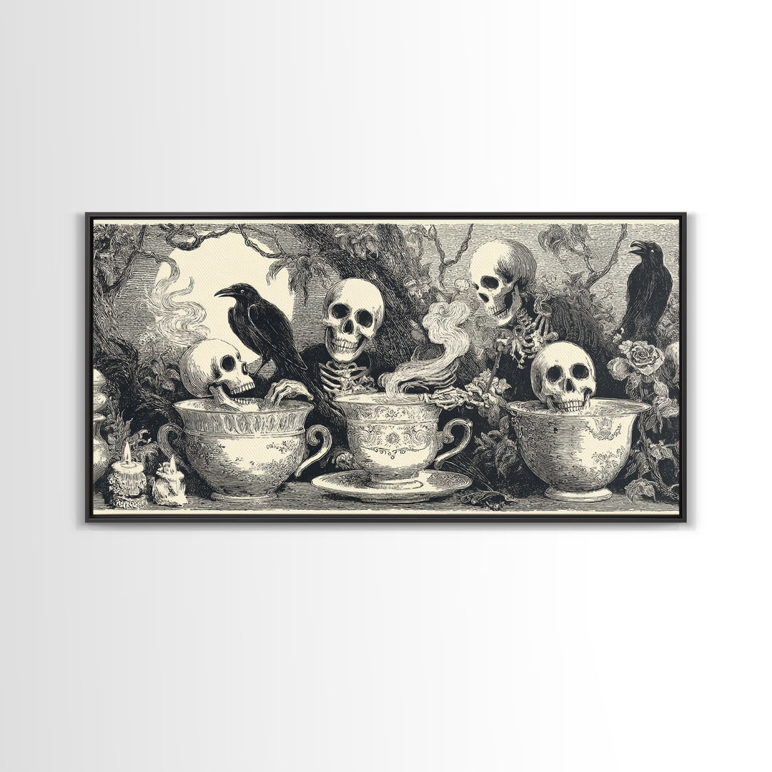 Tiny Ghosts In Teacups, Macabre Folk Print Art, Wide Panoramic Art, Macabre Wall Art, Canvas Print, Halloween Wall Art
