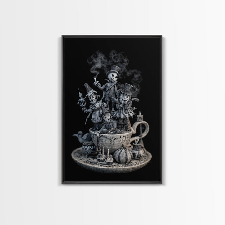 Tiny Ghosts In Teacups, Victorian Macabre Art, Vertical Wall Art, Macabre Wall Art, Canvas Print, Halloween Wall Art, Gothic Home Decor