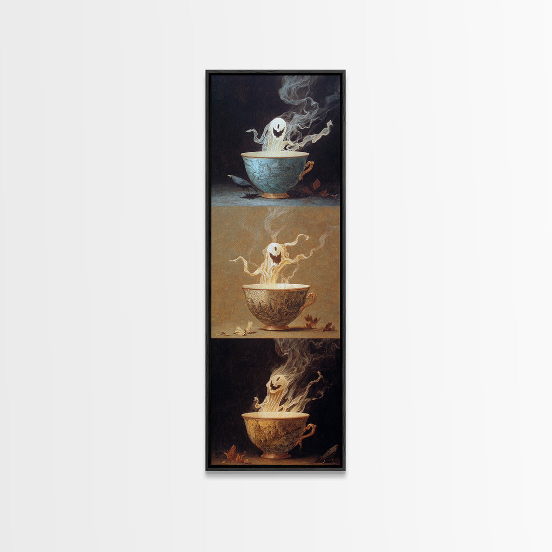 Tiny Ghosts In Teacups, Surreal Apocalyptic Art, Tall Narrow Wall Art, Macabre Wall Art, Canvas Print, Halloween Wall Art
