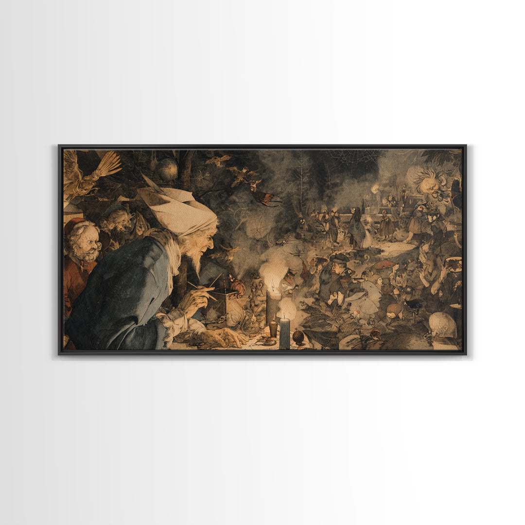 The Spider Sewing Circle, Northern Renaissance Horror, Wide Panoramic Art, Gothic Horror Wall Art, Framed Canvas Print