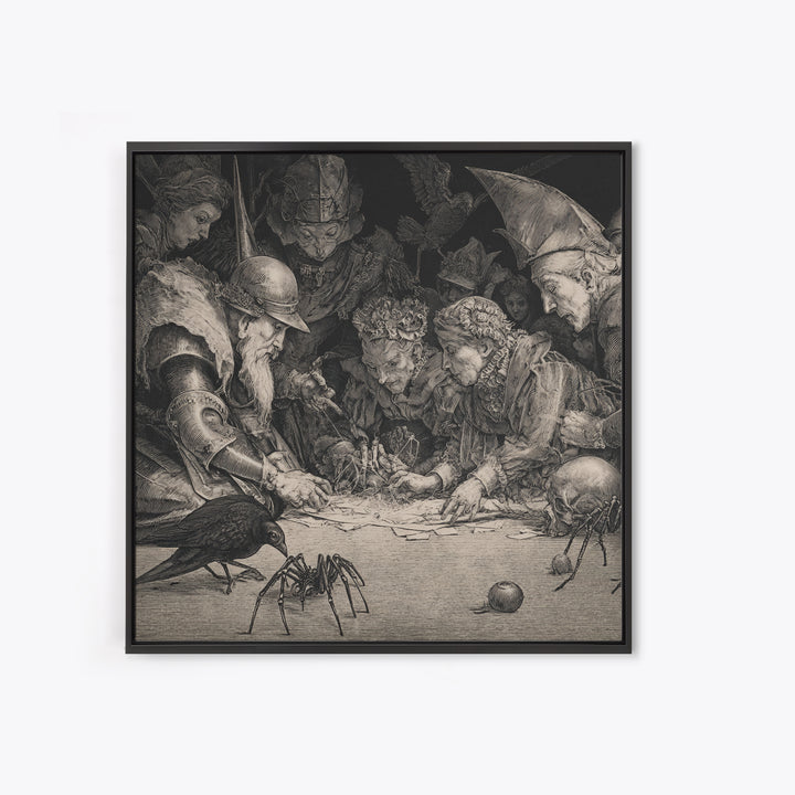 The Spider Sewing Circle, Renaissance Engraving Art, Square Wall Art, Macabre Wall Art, Framed Canvas Print, Halloween Wall Art