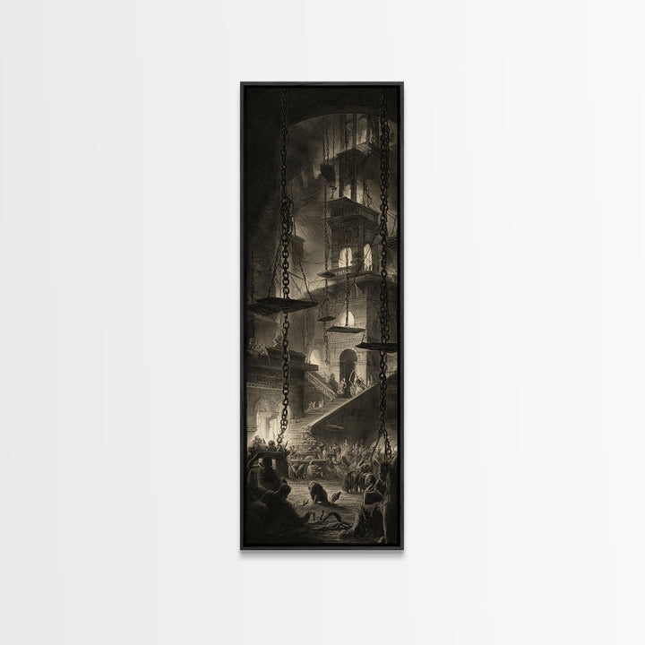 The Spider Sewing Circle, Architectural Etching Art, Tall Narrow Wall Art, Dark Halloween Decor, Canvas Print