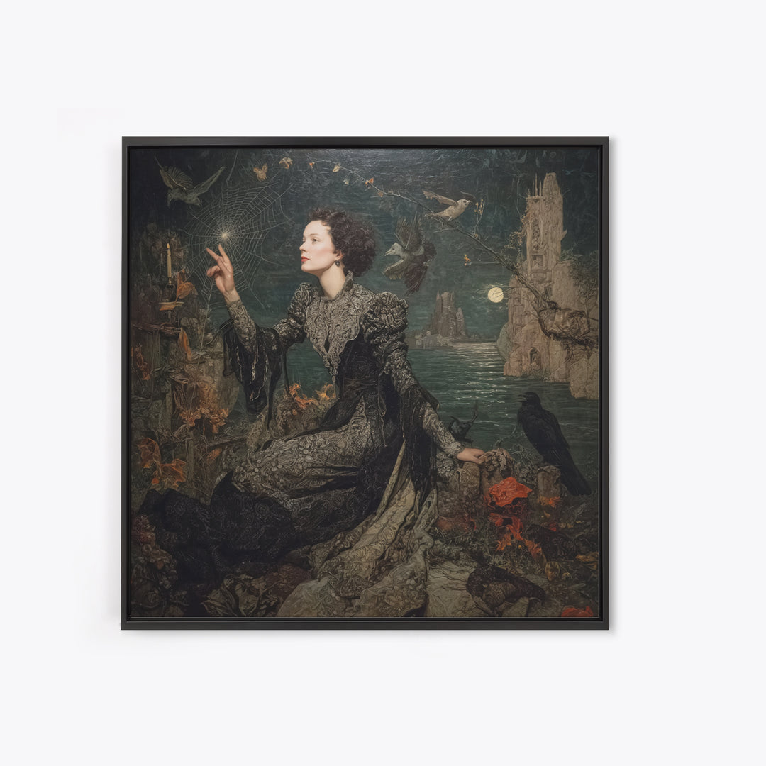 The Spider Sewing Circle, Symbolist Gothic Landscape, Square Wall Art, Dark Fantasy Wall Art, Canvas Print, Halloween Wall Art