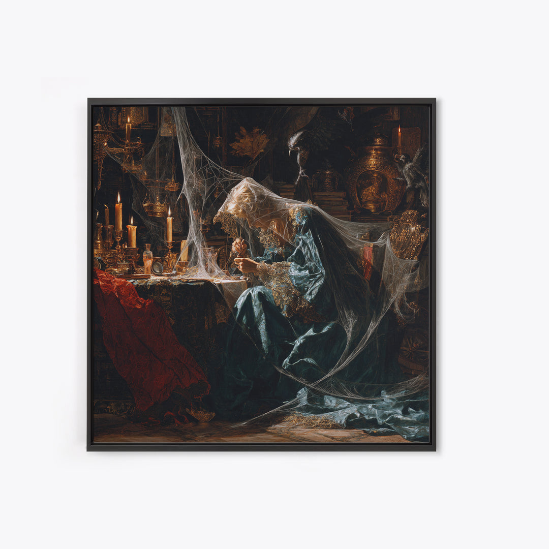 The Spider Sewing Circle, Ornate Symbolist Art, Square Wall Art, Dark Fantasy Wall Art, Framed Canvas Print, Halloween Wall Art