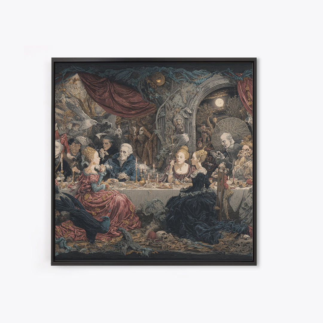 The Spider Sewing Circle, Symbolist Etching Art, Square Wall Art, Dark Halloween Decor, Framed Canvas Print, Halloween Wall Art