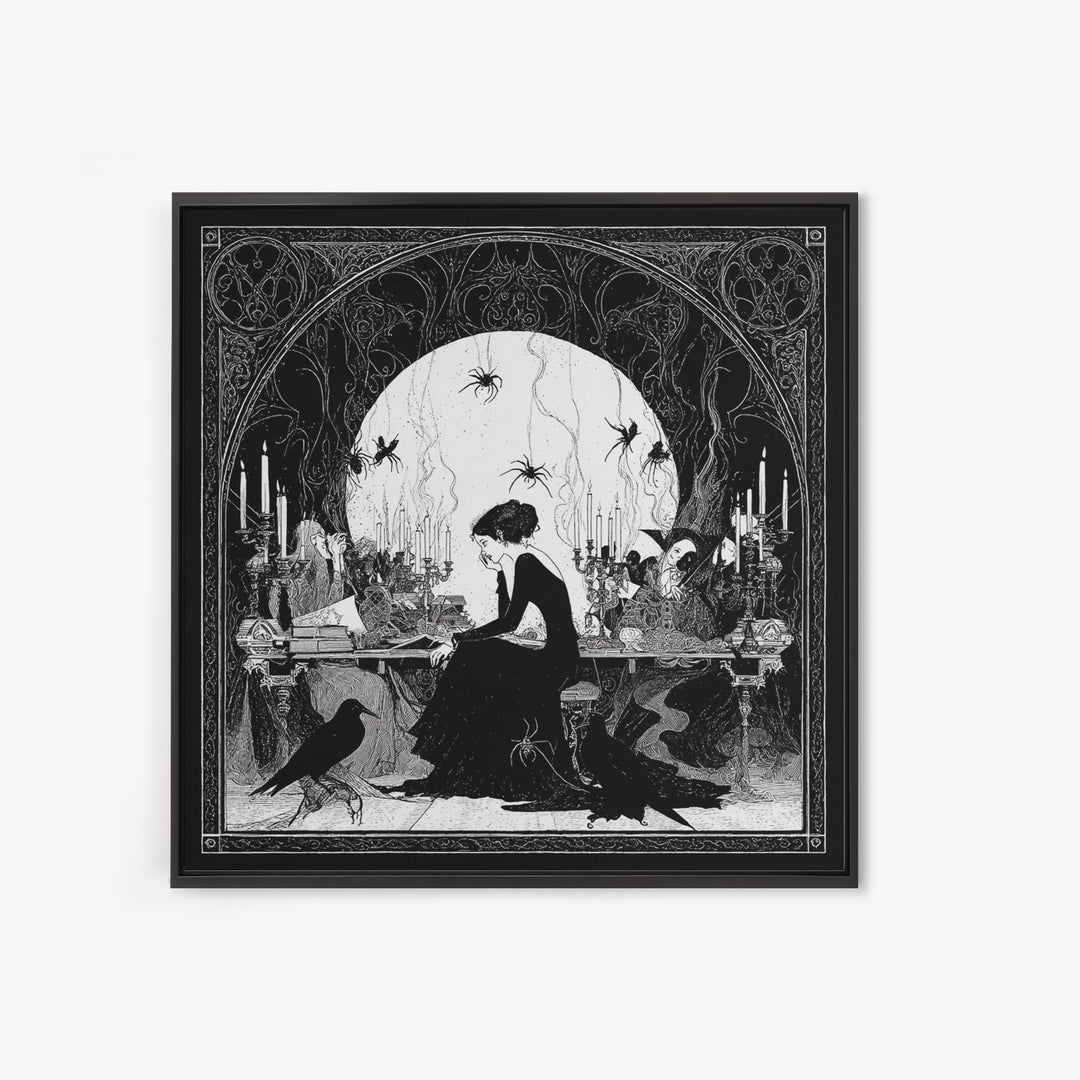 The Spider Sewing Circle, Decadent Line Art, Square Wall Art, Macabre Wall Art, Framed Canvas Print, Halloween Wall Art