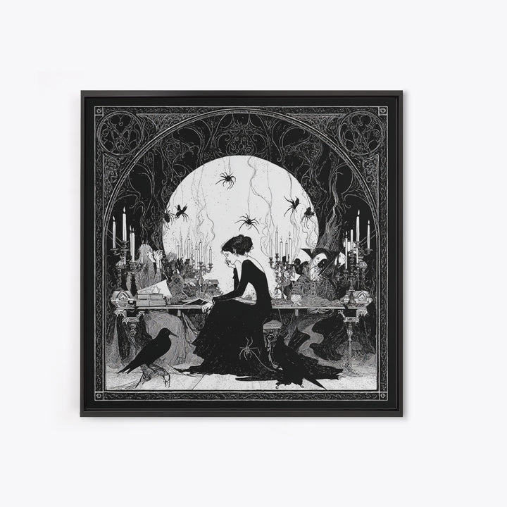 The Spider Sewing Circle, Decadent Line Art, Square Wall Art, Macabre Wall Art, Framed Canvas Print, Halloween Wall Art