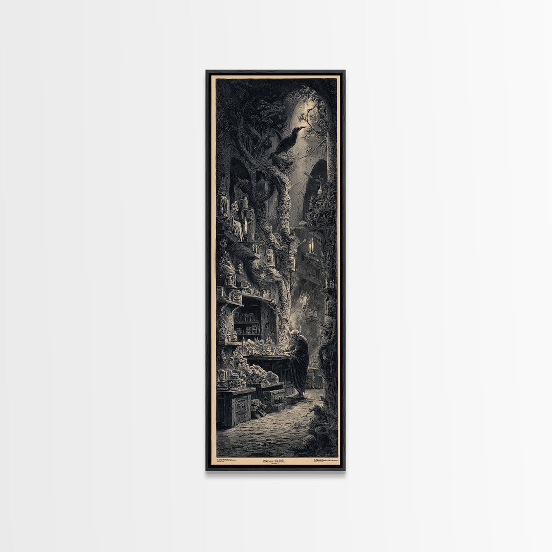 The Goblin Candy Shop, Gothic Engraving Art, Tall Narrow Wall Art, Dark Fantasy Wall Art, Framed Canvas Print, Halloween Wall Art