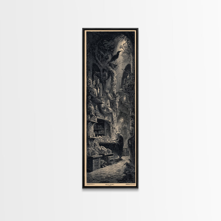 The Goblin Candy Shop, Gothic Engraving Art, Tall Narrow Wall Art, Dark Fantasy Wall Art, Framed Canvas Print, Halloween Wall Art