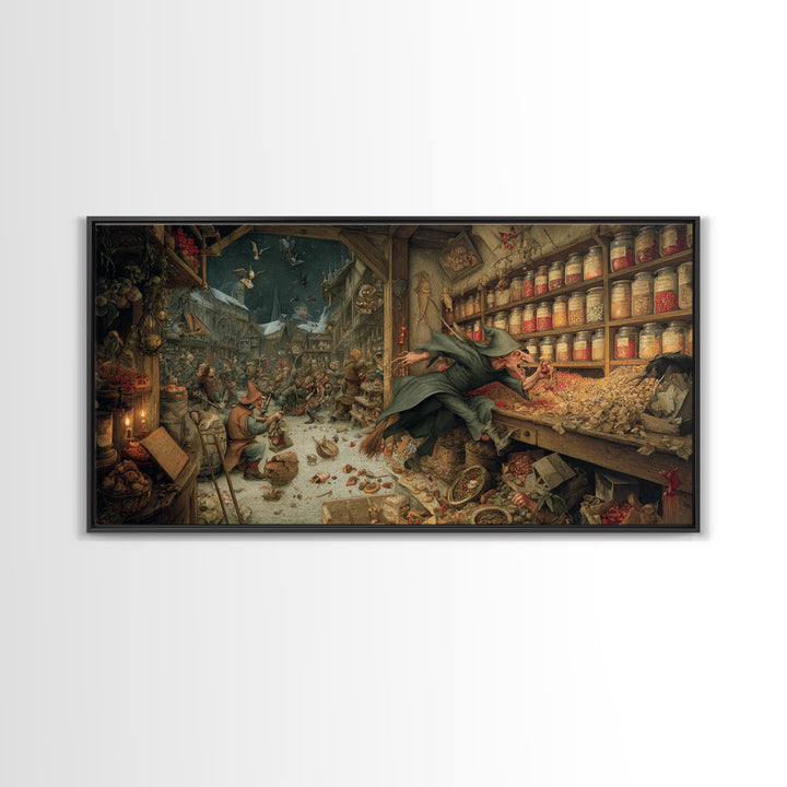 The Goblin Candy Shop, Northern Renaissance Horror, Wide Panoramic Art, Gothic Horror Wall Art, Framed Canvas Print