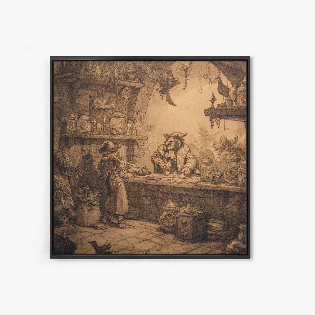 The Goblin Candy Shop, Renaissance Engraving Art, Square Wall Art, Dark Fantasy Wall Art, Framed Canvas Print, Halloween Wall Art