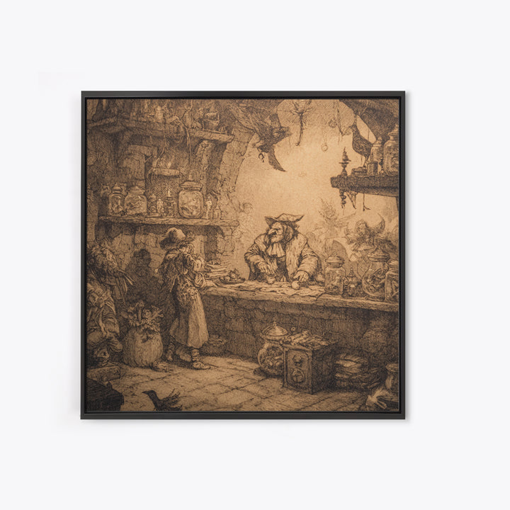 The Goblin Candy Shop, Renaissance Engraving Art, Square Wall Art, Dark Fantasy Wall Art, Framed Canvas Print, Halloween Wall Art