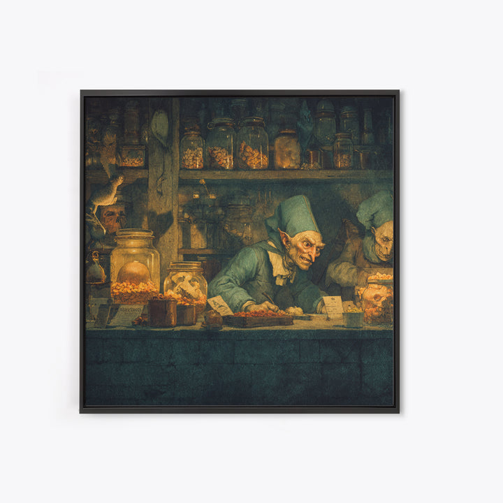 The Goblin Candy Shop, Danse Macabre Art, Square Wall Art, Gothic Horror Wall Art, Framed Canvas Print