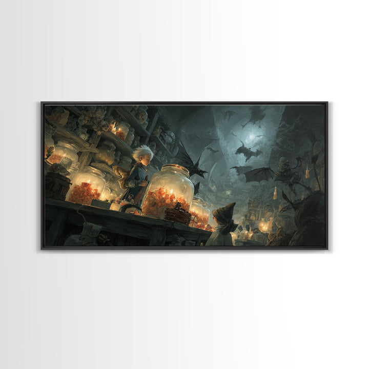 The Goblin Candy Shop, Visionary Gothic Art, Wide Panoramic Art, Dark Halloween Decor, Canvas Print, Halloween Wall Art