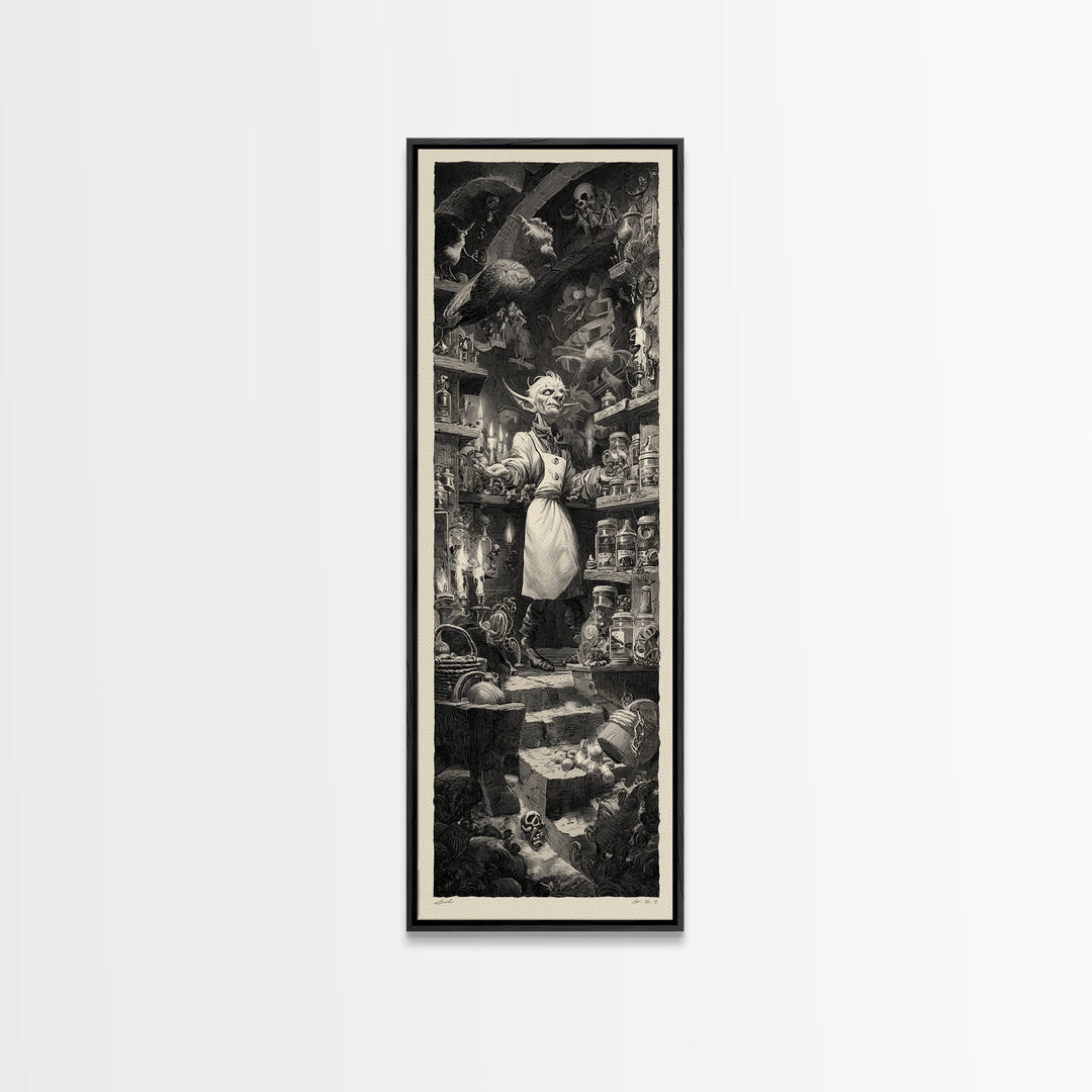 The Goblin Candy Shop, Architectural Etching Art, Tall Narrow Wall Art, Dark Halloween Decor, Canvas Print, Halloween Wall Art