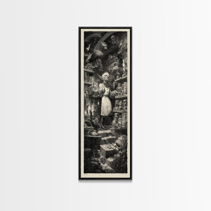 The Goblin Candy Shop, Architectural Etching Art, Tall Narrow Wall Art, Dark Halloween Decor, Canvas Print, Halloween Wall Art