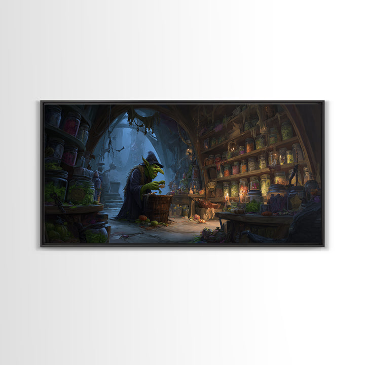 The Goblin Candy Shop, Apocalyptic Romantic Art, Wide Panoramic Art, Gothic Horror Wall Art, Framed Canvas Print, Halloween Wall Art
