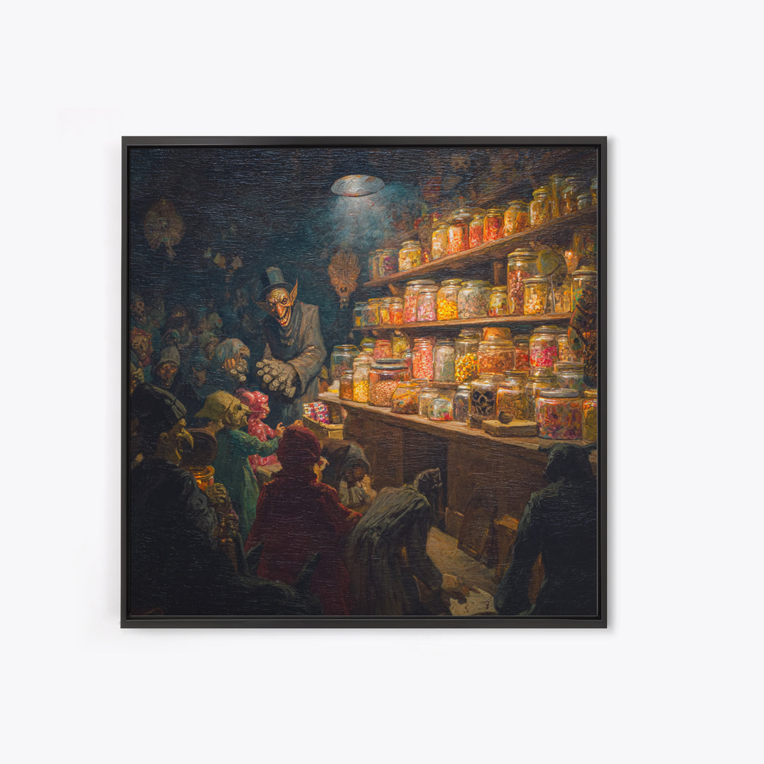 The Goblin Candy Shop, Grotesque Carnival Art, Square Wall Art, Dark Halloween Decor, Canvas Print, Halloween Wall Art