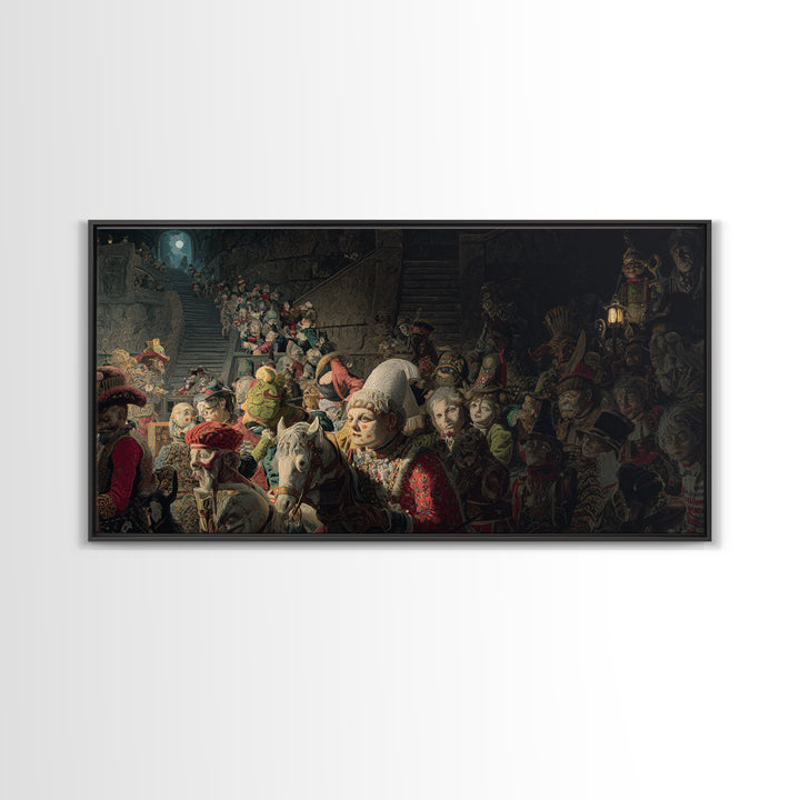 The Haunted Toy Parade, Architectural Etching Art, Wide Panoramic Art, Macabre Wall Art, Canvas Print, Halloween Wall Art