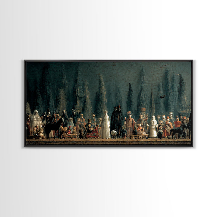 The Haunted Toy Parade, Symbolist Gothic Landscape, Wide Panoramic Art, Gothic Horror Wall Art, Framed Canvas Print, Halloween Wall Art