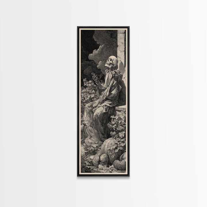 The Skeleton Gardeners, Gothic Engraving Art, Tall Narrow Wall Art, Dark Halloween Decor, Framed Canvas Print, Halloween Wall Art