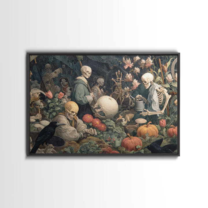 The Skeleton Gardeners, Medieval Grotesque Art, Landscape Wall Art, Dark Fantasy Wall Art, Canvas Print, Halloween Wall Art