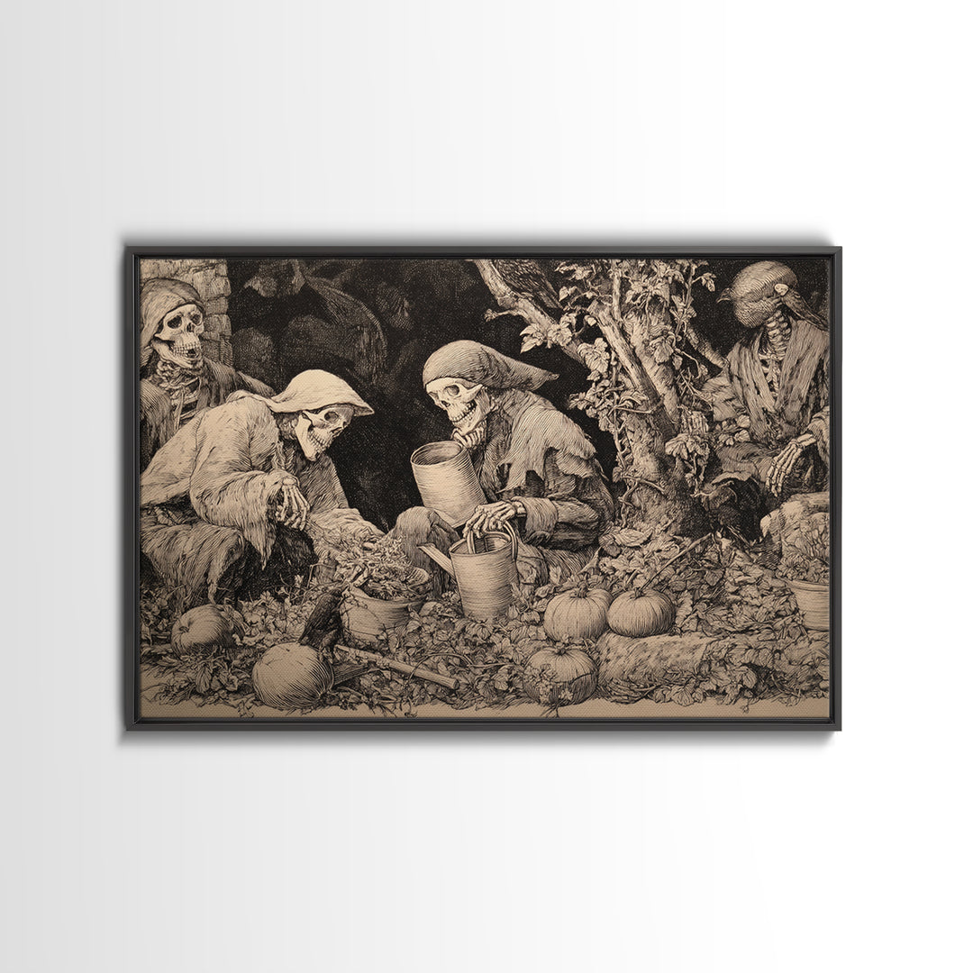 The Skeleton Gardeners, Renaissance Engraving Art, Landscape Wall Art, Dark Fantasy Wall Art, Canvas Print, Halloween Wall Art