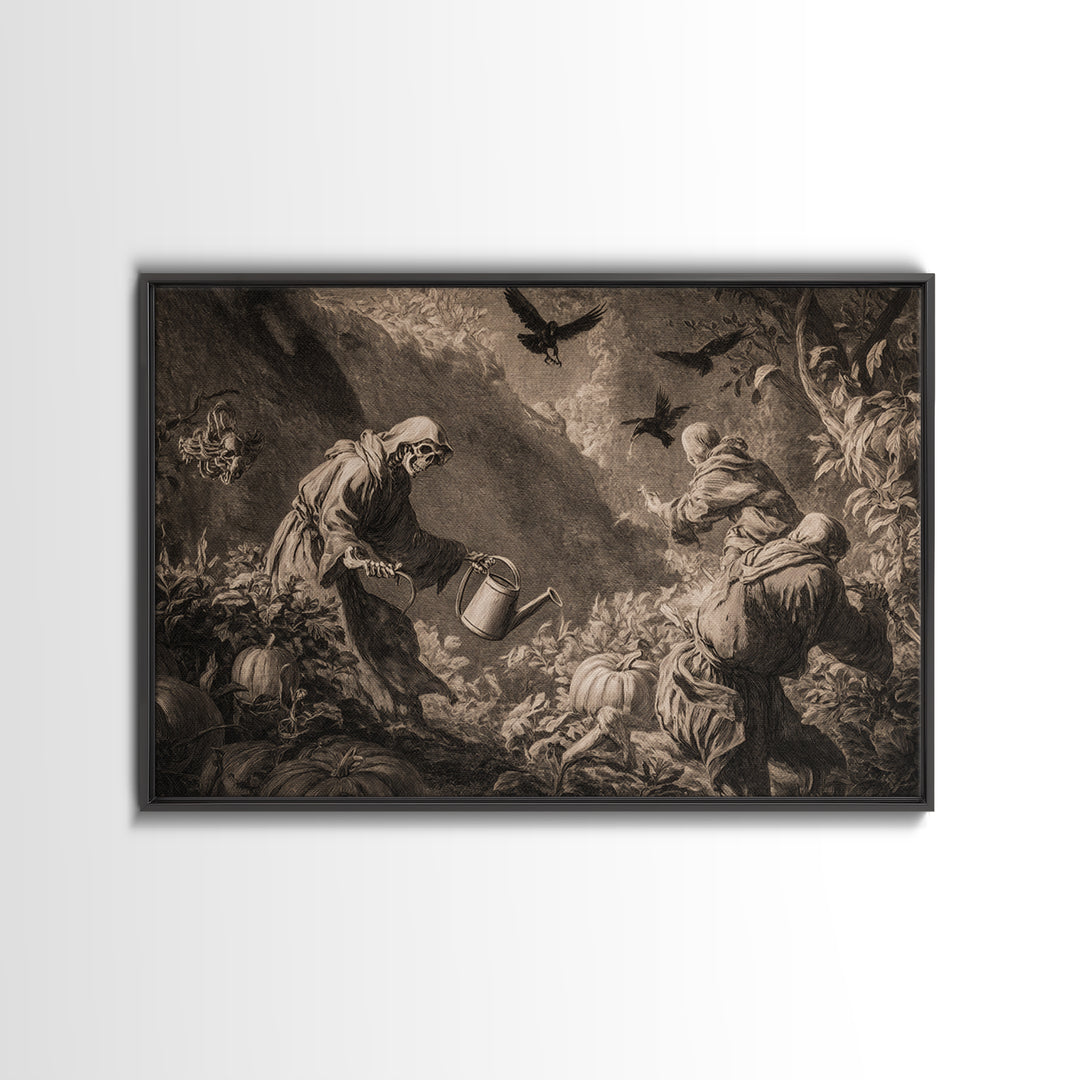 The Skeleton Gardeners, Baroque Witchcraft Art, Landscape Wall Art, Dark Fantasy Wall Art, Canvas Print, Halloween Wall Art