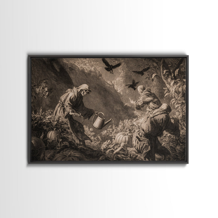 The Skeleton Gardeners, Baroque Witchcraft Art, Landscape Wall Art, Dark Fantasy Wall Art, Canvas Print, Halloween Wall Art