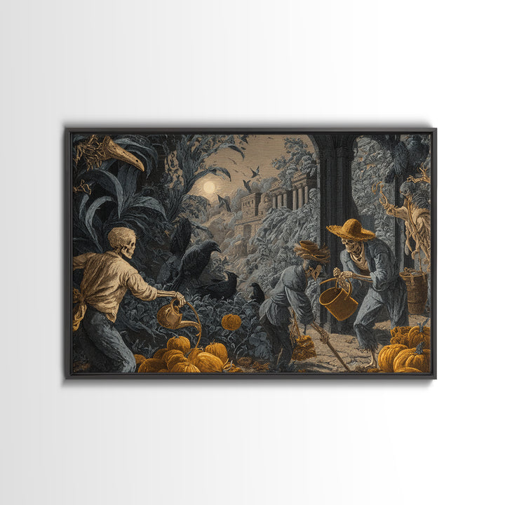 The Skeleton Gardeners, Architectural Etching Art, Landscape Wall Art, Dark Halloween Decor, Canvas Print, Halloween Wall Art