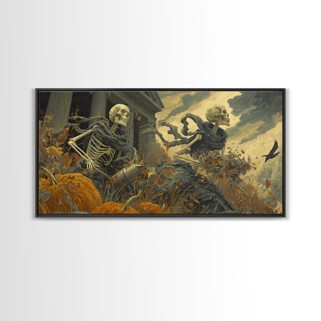 The Skeleton Gardeners, Apocalyptic Romantic Art, Wide Panoramic Art, Gothic Horror Wall Art, Framed Canvas Print, Halloween Wall Art
