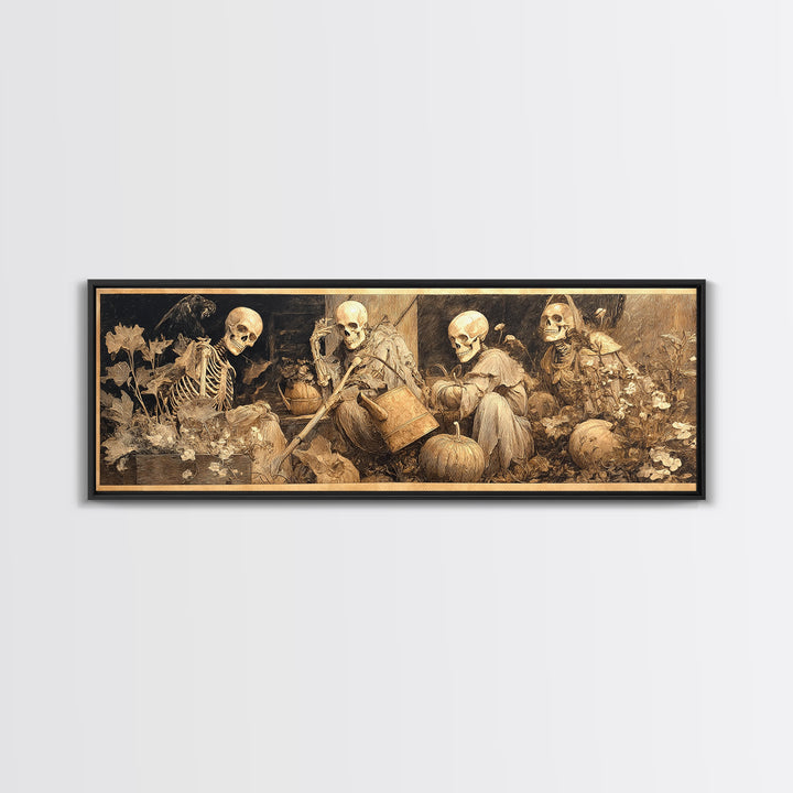 The Skeleton Gardeners, Ornate Symbolist Art, Extra Wide Wall Art, Dark Fantasy Wall Art, Canvas Print, Halloween Wall Art