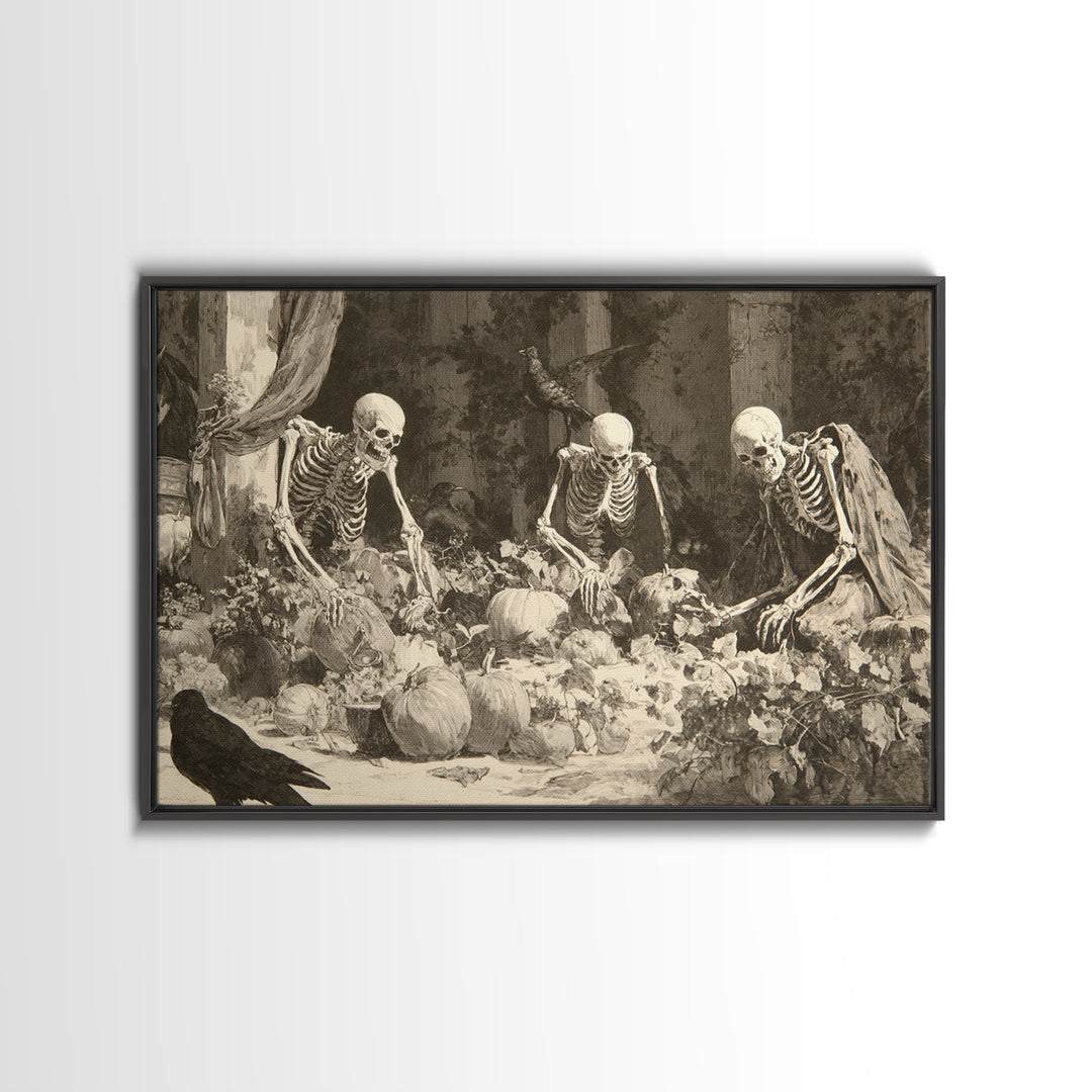 The Skeleton Gardeners, Decadent Gothic Art, Landscape Wall Art, Gothic Horror Wall Art, Framed Canvas Print, Halloween Wall Art