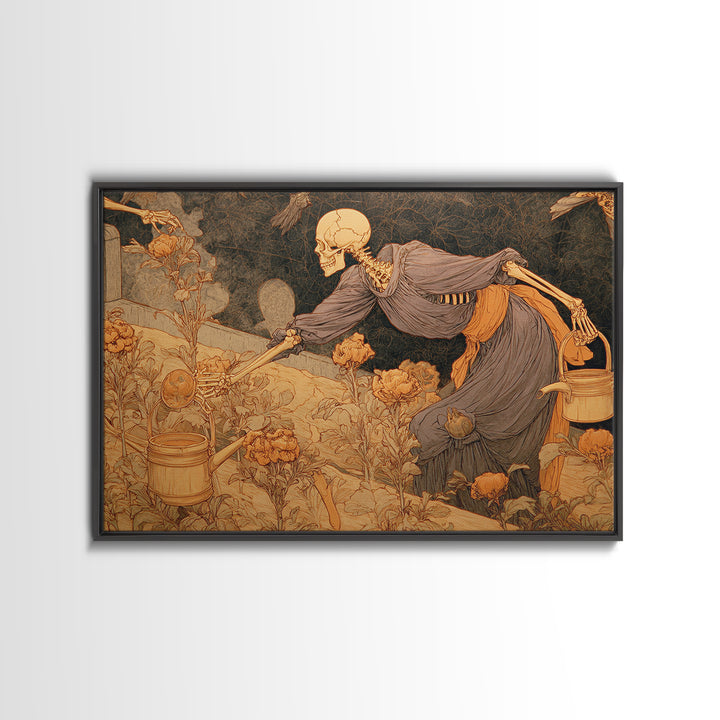 The Skeleton Gardeners, Symbolist Death Art, Landscape Wall Art, Dark Halloween Decor, Framed Canvas Print, Halloween Wall Art