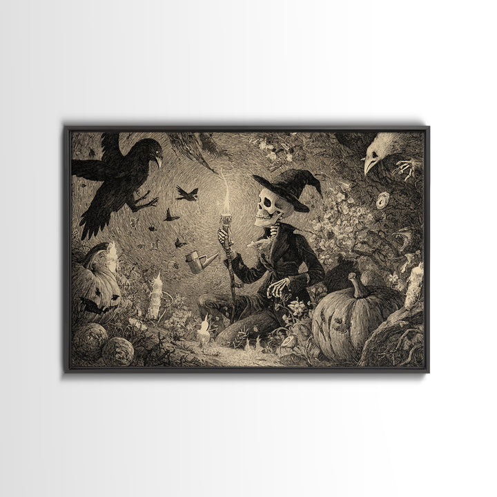 The Skeleton Gardeners, Expressionist Nightmare Art, Landscape Wall Art, Dark Fantasy Wall Art, Framed Canvas Print, Halloween Wall Art