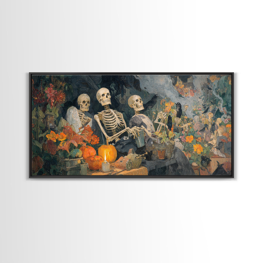 The Skeleton Gardeners, Grotesque Carnival Art, Wide Panoramic Art, Gothic Horror Wall Art, Framed Canvas Print, Halloween Wall Art