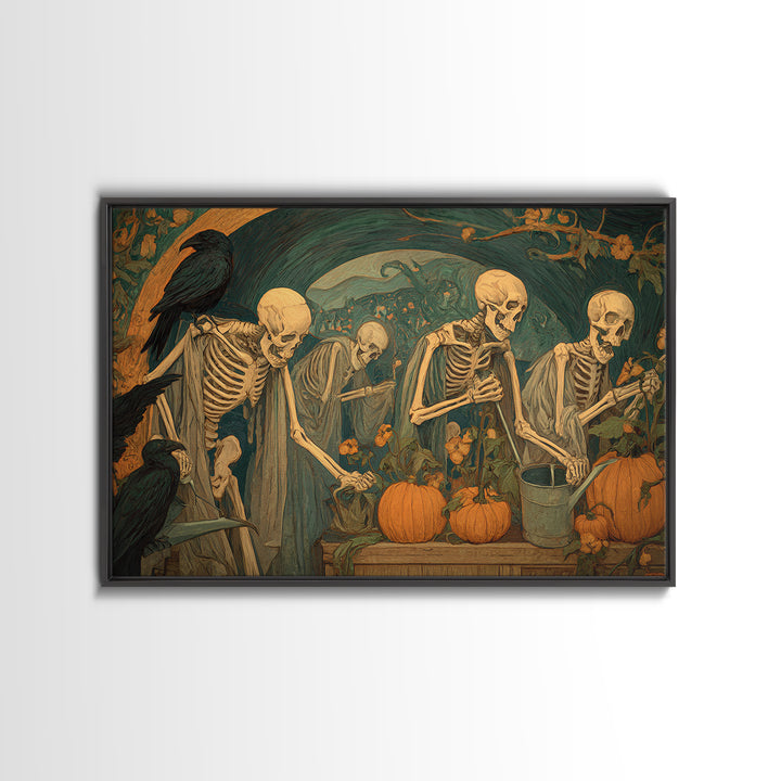 The Skeleton Gardeners, Expressionist Gothic Art, Landscape Wall Art, Dark Fantasy Wall Art, Framed Canvas Print, Halloween Wall Art