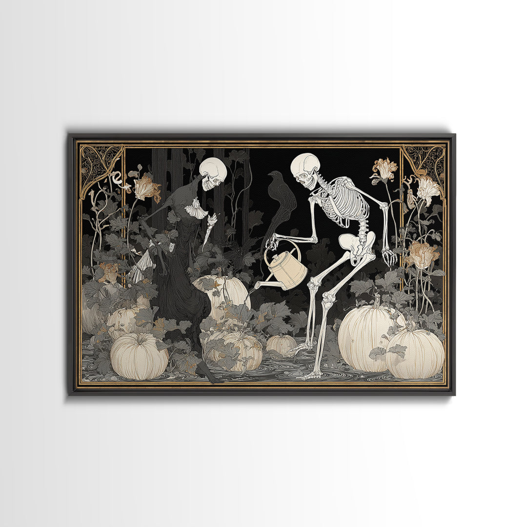 The Skeleton Gardeners, Decadent Line Art, Landscape Wall Art, Gothic Horror Wall Art, Framed Canvas Print, Halloween Wall Art