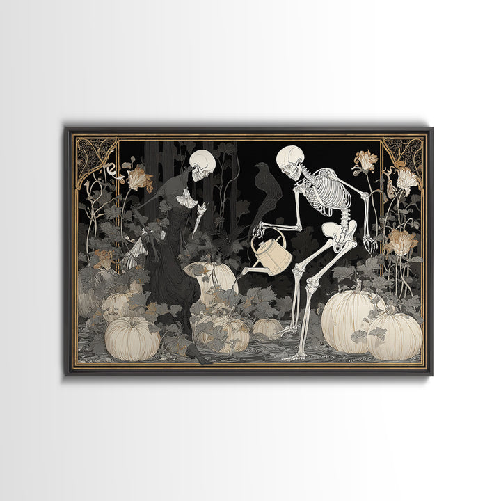 The Skeleton Gardeners, Decadent Line Art, Landscape Wall Art, Gothic Horror Wall Art, Framed Canvas Print, Halloween Wall Art