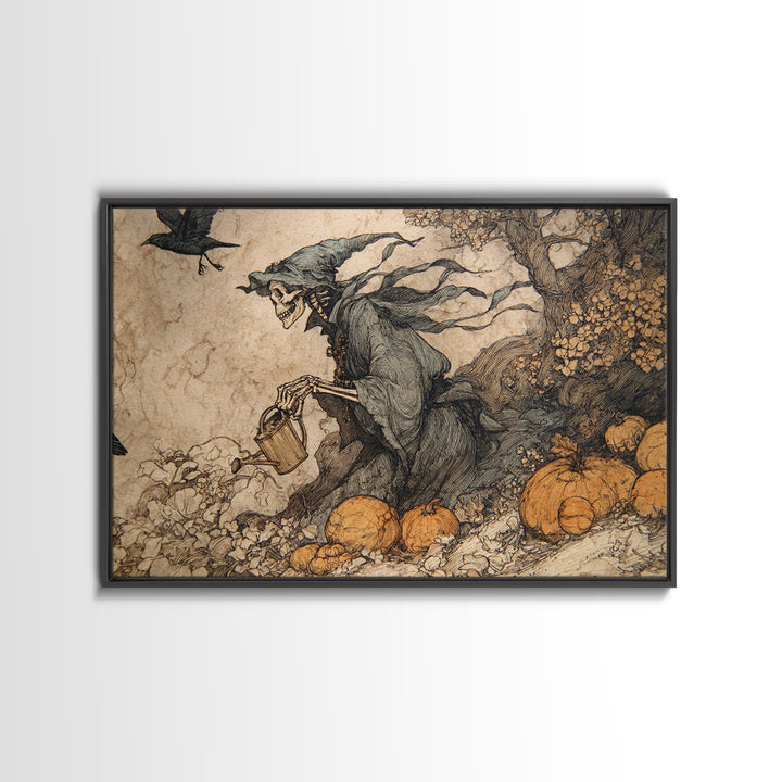 The Skeleton Gardeners, Gothic Storybook Art, Landscape Wall Art, Gothic Horror Wall Art, Canvas Print, Halloween Wall Art