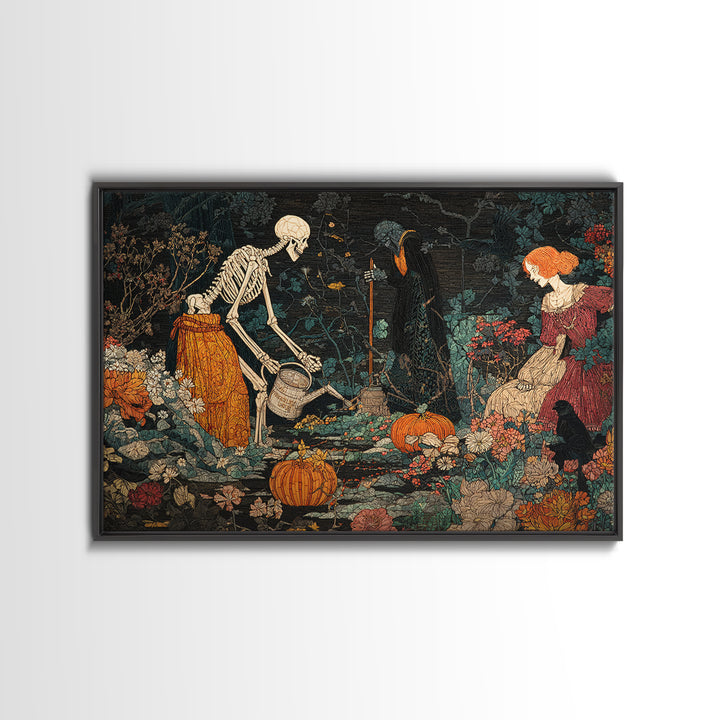 The Skeleton Gardeners, Stained Glass Gothic Art, Landscape Wall Art, Gothic Horror Wall Art, Canvas Print, Halloween Wall Art